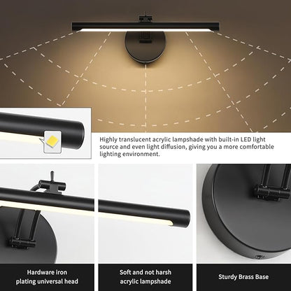 Hardwired Picture Light - Dimmable Adjustable Swing Arm Black Wall Lights for Pictures - 15.75 Inch Long LED Display Light for Artwork - 7W 3000K