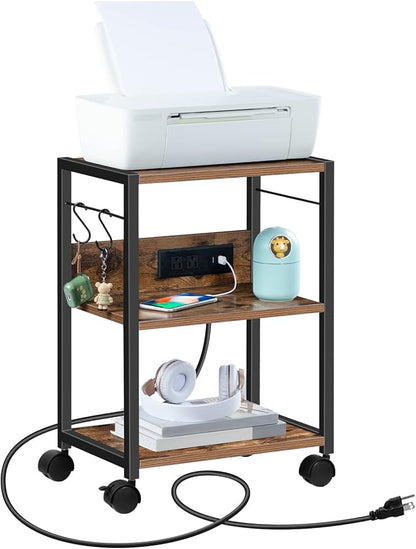 Industrial Printer Cart, 3-Tier Mobile Printer Stand, Rolling Cart with Power Outlets and USB Ports, Home Printer Stand with 2 Hooks, for Office, Living Room, Rustic Brown PTHR40E01Z