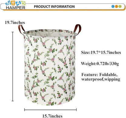 Large Round Canvas Linen Laundry Hamper,Waterproof Storage Bin for Books/Clothes, Laundry Basket, Gift Basket(Eucalyptus leaves)