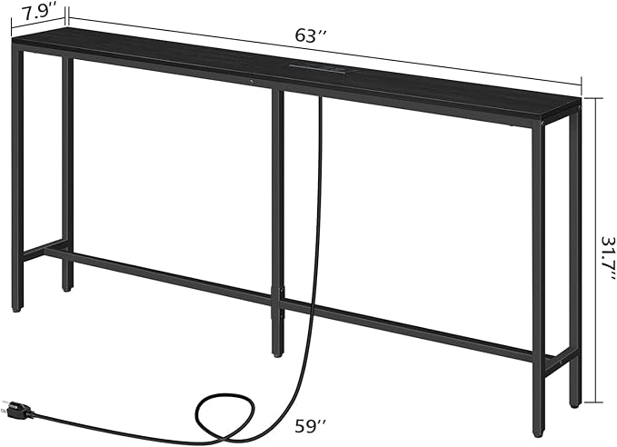 63" Console Table with Power Outlet, Narrow Sofa Table, Industrial Entryway Table with USB Ports, Behind Couch for Entryway, Hallway, Foyer, Living Room, Black CTHB16E01