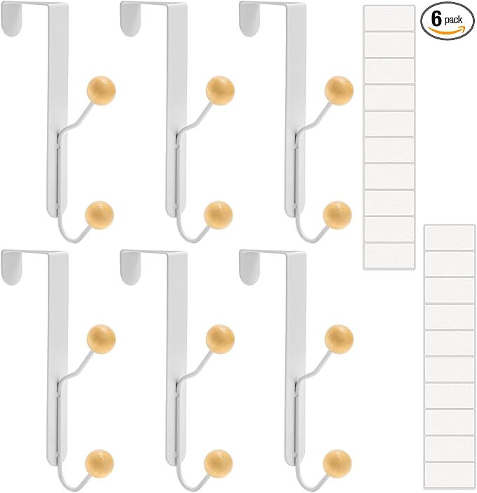 6 PCS Over The Door Hooks,Door Hooks for Hanging Towels,Clothes,Hats,Bags,Back of Door Towel Hanger with Non-Slip Pads,Fits Doors 0.7-1.5" for Bathroom,Bedroom,Closet(White)