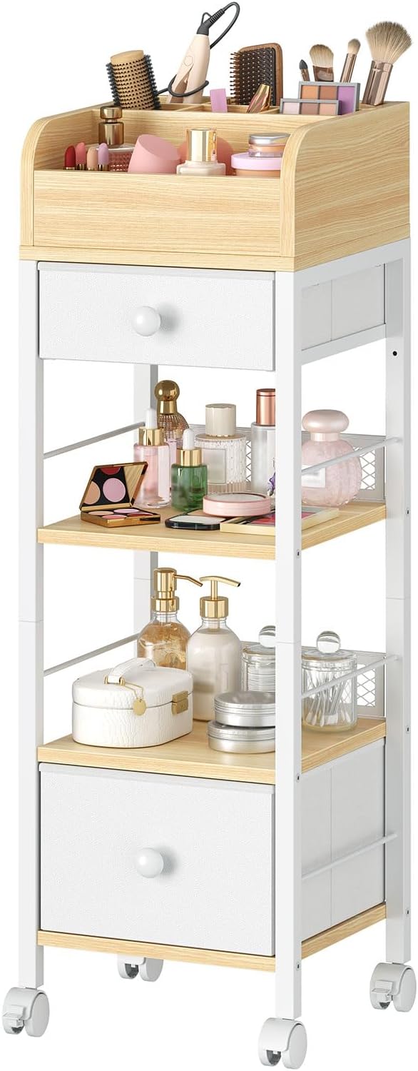 HOOBRO Makeup Organizer Cart with Fabric Drawers, Mobile Makeup Storage with Swivel Casters and Leveling Feet, Cosmetics Display Holder for Bathroom and Bedroom Vanity, White and Natural WN20TC04