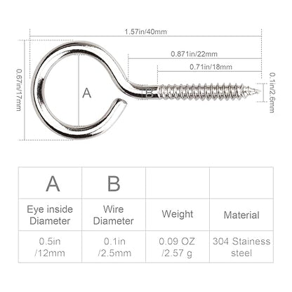 Aovchei Eye Screws, 30Pcs 1.57 inches 304 Heavy Duty Stainless Steel Screw Hooks, Rust-Resistant Self Tapping Eyelet Bolts for Wood, Securing Cables Wires, Indoor & Outdoor for Hanging Artwork