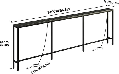 94.5" Behind Couch Table with 2 Fast Charging Stations, 7.1" Narrow Skinny Sofa Table with 4 Power Outlets, 4 USB-A, 2 USB-C for Console Entryway, Black