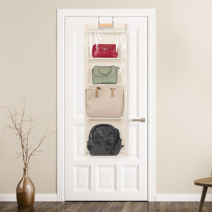 Syeeiex Over The Door Purse Organizer with Zippers, 4 Mesh Shelves,Clear Slubbed Fabric+PVC Hanging Closet Bag Organizer, Dustproof Handbag Closet Tote Storage Bag for Door, Wardrobe, Beige