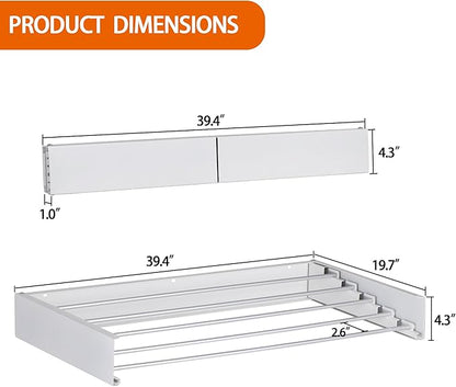 FOCHIER F Laundry Drying Rack Wall Mounted Clothes Drying Rack Collapsible with 5 Aluminum Rods and Drilling Template Long Screwdriver Bit 60 lbs Capacity (White, 40")