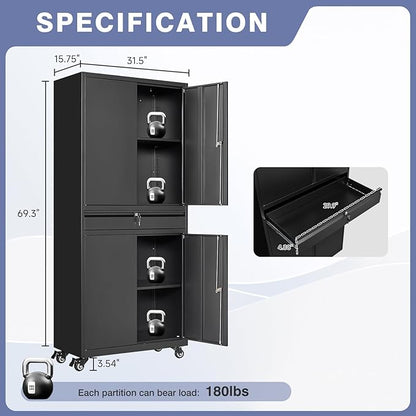 Metal Garage Storage Cabinet with 4 Wheels,Lockable Storage Cabinet with Adjustable Shelves and 1 Drawer,Rolling Tool Cabinet for Workshop Garage and School(Black)