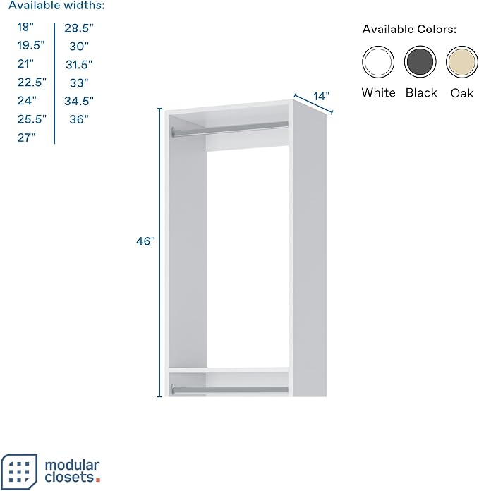 Double Hanging Closet Unit - Modular Corner Closet System - White, 21 inches Wide - Includes Shelves