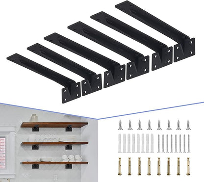 CLT Shelf Bracket( Black) , 6” Quarter Inch (1/5") Thick- Max Load: 220 lb Rustic Industrial Modern Farmhouse Heavy Duty Corner Brace Joint Right Angle Bracket for DIY Table Bench, Pack of 6