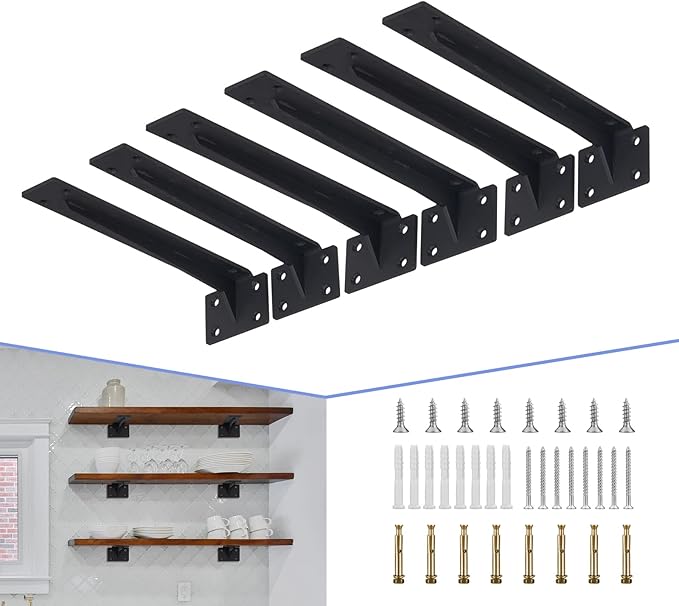 CLT Shelf Bracket( Black) , 8” Quarter Inch (1/5") Thick- Max Load: 220 lb Rustic Industrial Modern Farmhouse Heavy Duty Corner Brace Joint Right Angle Bracket for DIY Table Bench, Pack of 6