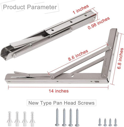 YUMORE Folding Shelf Bracket 14",Heavy Duty Stainless Steel Collapsible Shelf-Bracket Max Load 330lbs Wall Mounted Table Support Hinge for Space-Saving DIY Work Bench with Install Screws, Pack of 2