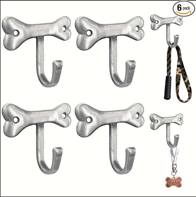 6PC Dog Bone Shaped Hooks Wall Mount Pet Leash Hook Cat Leash Holder for Wall Cute Coat Hooks Key Holder for Entryway Hallway Kitchen Office, Great Gift for Dog and Cat Lovers(Antique Silver)