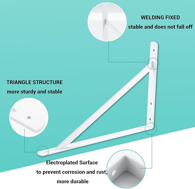 HOME MASTER HARDWARE 16x10 inch Heavy Duty Shelf Brackets, White Metal Wall Mounted Supports for Shelves, L Shaped Shelf Angle Bracket for Floating Shelves, 4 Pack