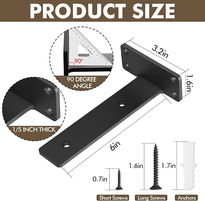 6 Pack Heavy Duty Shelf Brackets 6 inch, Floating Shelf Brackets(1/5”-Thick), L-Shaped Wall Shelf Bracket Hidden & Decorative Shelf Bracket Black
