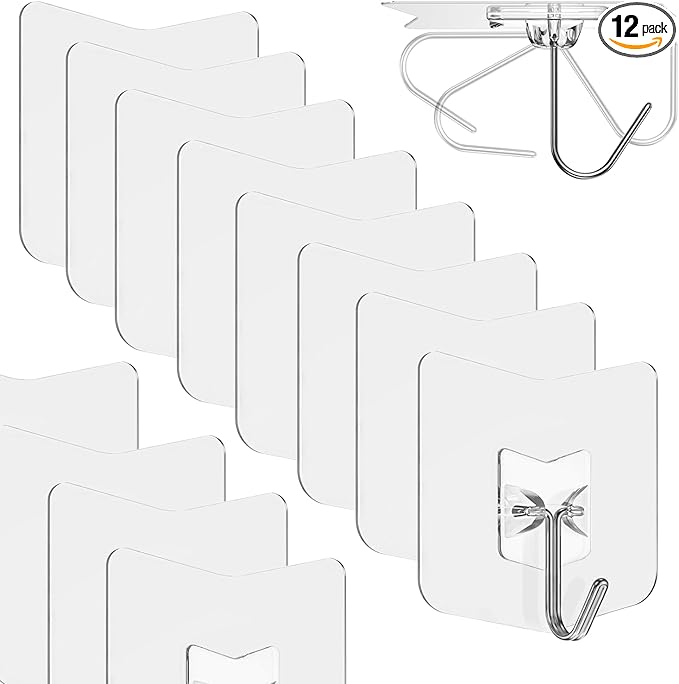 Heavy Duty Adhesive Hooks 12 Pack - Holds 15 lbs, No Drill Stick Plastic Hook Hangers for Hanging Towel Shower Bathroom, Kitchen, Cabinet - Strong Wall Hanger for Ornaments, Apartment Bedroom