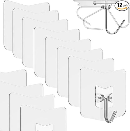 Heavy Duty Adhesive Hooks 12 Pack - Holds 15 lbs, No Drill Stick Plastic Hook Hangers for Hanging Towel Shower Bathroom, Kitchen, Cabinet - Strong Wall Hanger for Ornaments, Apartment Bedroom