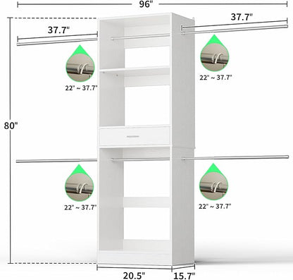 Unikito 8FT Closet System, 96 Inch Walk in Closets Organizer Kit with 4 Extendable Hanging Rods and Drawer, Adjustable Wood Garment Rack, Sturdy Closet Insert, Easy Assembly, Max Load 1000 LBS, White