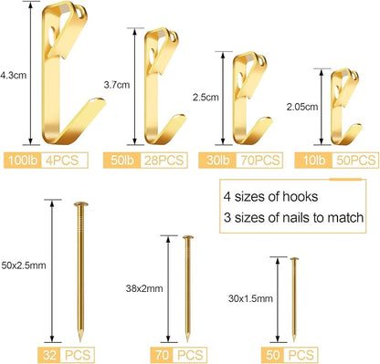 304 Pieces Picture Hanging Kit, 10lb, 30lb, 50lb and 100lb Picture Hangers, Metal Picture Hanging Hooks with Nails, on Drywall, Wooden Wall(Gold)