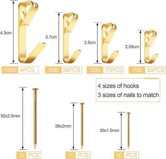 304 Pieces Picture Hanging Kit, 10lb, 30lb, 50lb and 100lb Picture Hangers, Metal Picture Hanging Hooks with Nails, on Drywall, Wooden Wall(Gold)