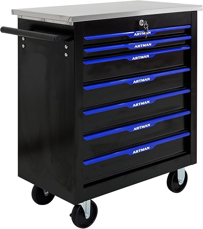 7-Drawer Rolling Tool Chest with Stainless Steel Worktop,Tool Chest with Secure Locking System,Mobile Storage Tool Cabinet with 360°Wheels and Padded Feet,for Home,Garage (Black+Blue)