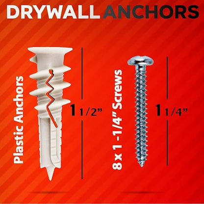 160Pcs Self Drilling Drywall Anchors and Screws kit #8 x 1-1/4”- Superb Wall Anchors for Drywall, Holds Upto 75lbs – No Drill Hole Required with These Dry wall Screws and Anchors