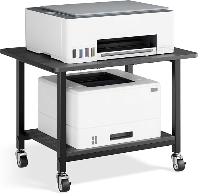 niffgaff Printer Stand with Lockable Wheels, 2-Tier Rolling Printer Cart with Storage Shelf, Compact Wood & Metal Printer Table for Home Office, Black, 20.1'' ×15.4'' ×14.6''