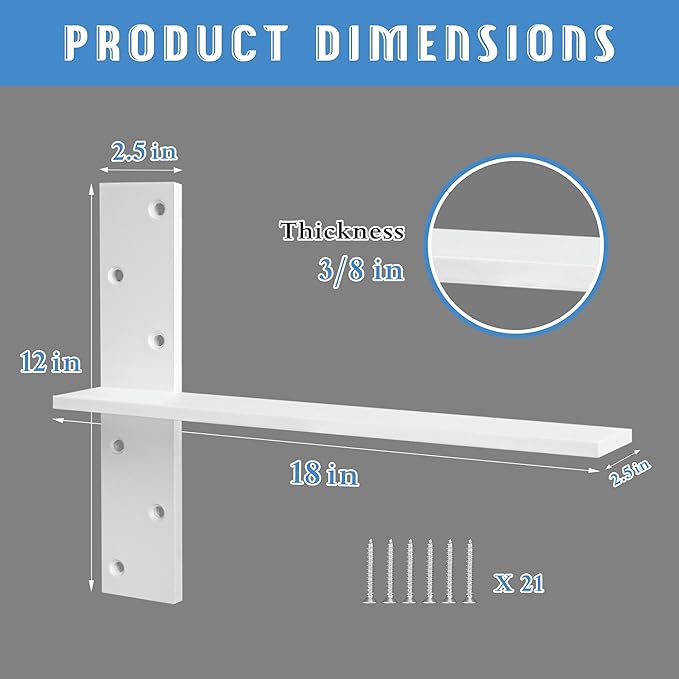 Floating Shelf Bracket 3/8" Thick Heavy Duty Shelf Brackets White 3 Pack Free Hanging Countertop Support Bracket 20" Lx2.5 W Floating Wall Brackets for Cabinets, Dishwasher, Bench Seats Vanities