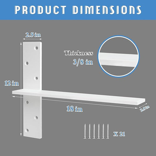 Floating Shelf Bracket 3/8" Thick Heavy Duty Shelf Brackets White 3 Pack Free Hanging Countertop Support Bracket 20" Lx2.5 W Floating Wall Brackets for Cabinets, Dishwasher, Bench Seats Vanities