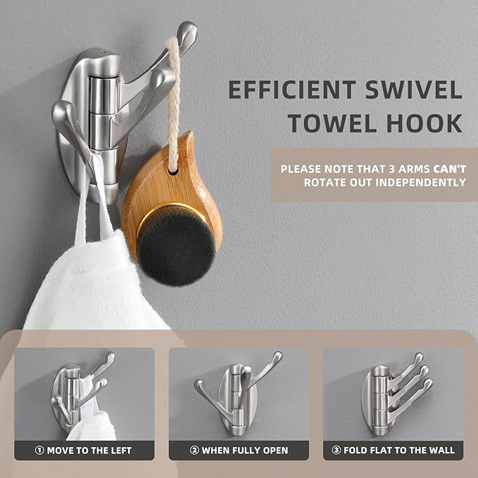 Angle Simple Foldable Swivel Towel Hook 2 PCS, Metal Flexible Coat Hook, Bath Towel Holder, Heavy Duty Robe Clothes Hanger for Bathroom RV Wall Mount, Brushed Nickel