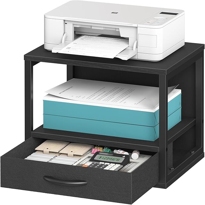 HOOBRO 2-Tier Desktop Printer Stand with Drawer, Under-Desk Printer Table with Storage Shelf, for Home Office, Kitchen, Fax Machine, Scanner, Black BB07PS01