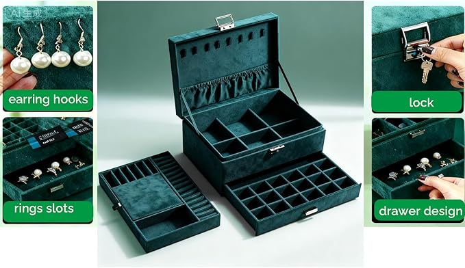 Jewelry Organizer Box for Women Girls, Jewelry Box 3-Tier Jewelry Display Case and Organizer,Lockable Jewelry Display Case Anti Tarnish,Varying Compartments for Necklaces, Bracelets, Rings