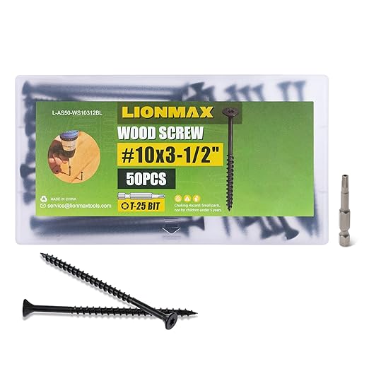LIONMAX Deck Screws 3-1/2 Inch, Wood Screws #10 x 3-1/2", 50 PCS, Rust Resistant, Exterior Epoxy Coated, Outdoor Decking Screws, Torx/Star Drive Head Screw, T25 Star Bit Included, Black