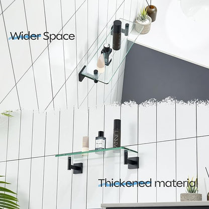 KOKOSIRI Bathroom Shelves Glass Floating Shelf 16-Inch for Bedroom Living Room Kitchen Hanging Rack Rustproof Wall Mounted Black 2 Pack B1105BK-L16-P2