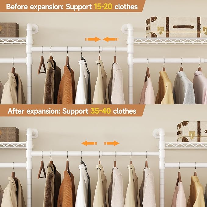 P3 Industrial Pipe Closet System, Wall Mounted Garment Racks with 4 Telescopic Rods & 6 Mesh Shelves, Heavy Duty Clothing Clothes Rack for Walk-in Closets (White)