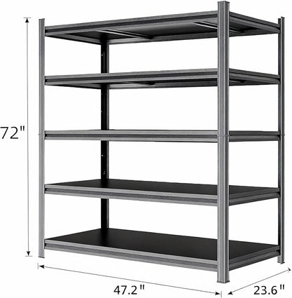 Garage Shelving Unit, Heavy Duty Metal Adjustable Storage, Steel Shelves, Industrial Shelves for Heavy Tools and Equipment, Ideal for Garage, Basement, Black (5-Tier, 72" H x 47.2" W x 23.6" D)