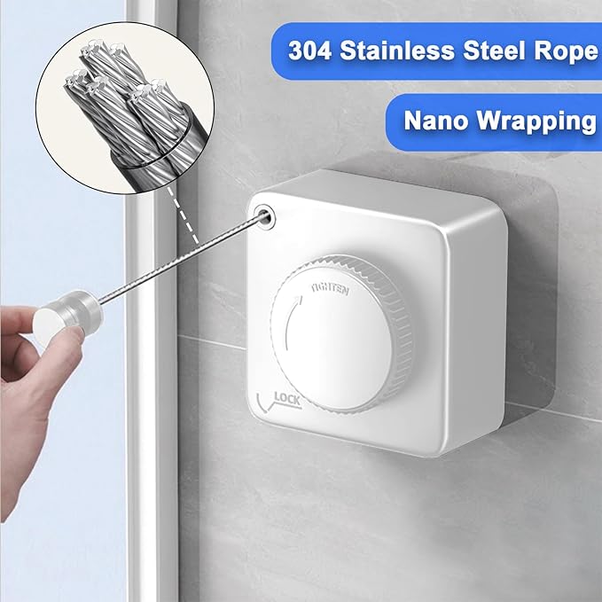 Retractable Clothesline Indoor, Non-Sagging Outdoor Clothes Drying Line Retracting Heavy Duty Clothes Drying Laundry Line Wall Mounted Stainless Steel Line - 15.6 Feet (1, White)