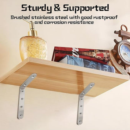 Luomorgo 4 Pcs L Shaped Brackets for Shelves, Heavy Duty Stainless Steel, Decorative Corner Brace Joint Right Angle Wall Hanging Bracket with Screws, 5 x 3 Inch, Silver