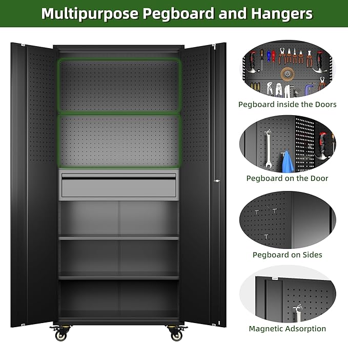 Garage Storage Cabinet with Wheels, 5 Pegboards and 1 Drawer, 71" H Lockable Metal Storage Cabinet with 2 Adjustable Shelves and 16 Hooks for Garage,Warehouse, Assembly Required,Black