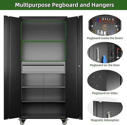 Garage Storage Cabinet with Wheels, 5 Pegboards and 1 Drawer, 71" H Lockable Metal Storage Cabinet with 2 Adjustable Shelves and 16 Hooks for Garage,Warehouse, Assembly Required,Black