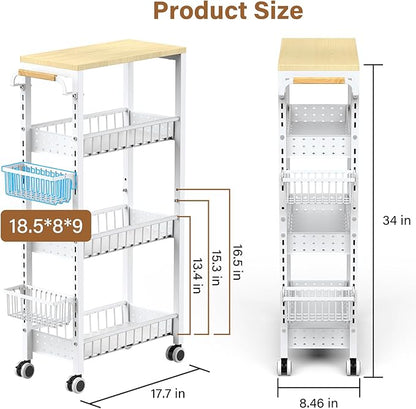 7.8 Inch Ultra-Slim 4-Tier Rolling Storage Cart with Adjustable Shelves - Lockable Wheels & Wooden Top for Narrow Spaces Between Washer/Dryer, Bathroom, Kitchen Organization (White)