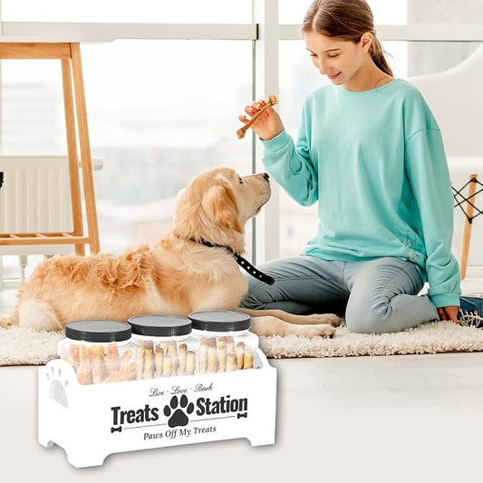 Dog Treat Container, Food Storage Container with 3 Plastic Dog Treat Jars, Reusable Cat Treat Container, Pet Treat Storage Organizer, Wood Dog Treat Holder, Dog Food Container for Dog Cat(white)