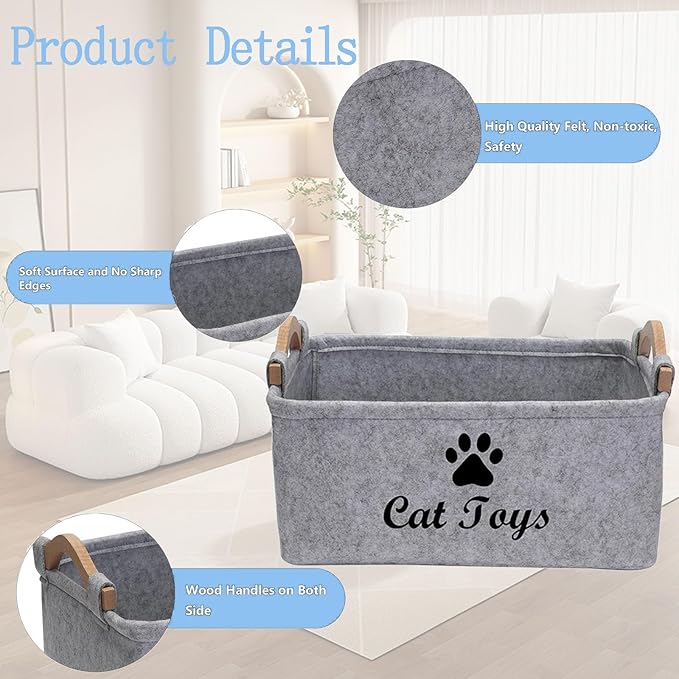 CozyCove Felt pet Toy Box Collapsible Pet Supplies Storage Basket cat toy box storage basket chest organizer，Fabric Storage Bin for Organizing Pet Toys, Blankets, Leashes, and Food grey pet Toy Box