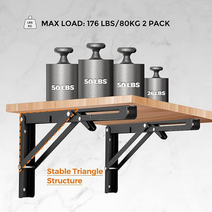 Ravinte 4 Pack 12 Inch Folding Shelf Brackets – Matte Black, Heavy Duty Collapsible Brackets for Tables and Benches – Space-Saving Design