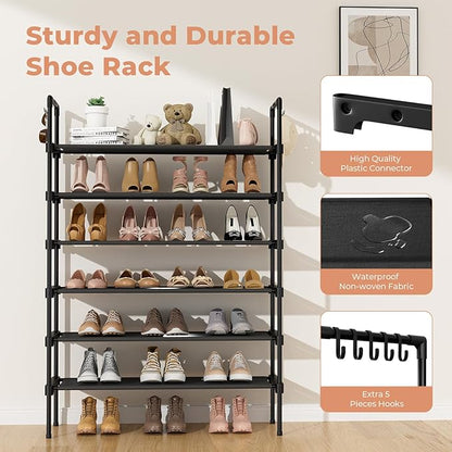 6 Tier Shoe Rack for Closet Shoe Organizer with 5 Hooks, Long Shoe Shelf Storage for Shoe and Boot Stackable Free Standing Shoe Rack for Entryway, Garage, Small Spaces, Dorm, Black