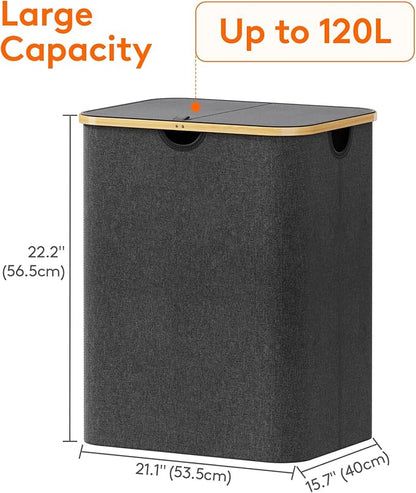 Lifewit 120L Laundry Basket with Lid, Clothes Hampers for Laundry with Bamboo Handles and 2 Removable Bag, Large Foldable Laundry Hamper for Bedroom, Bathroom, Dorm, Laundry Room, Dark Gray