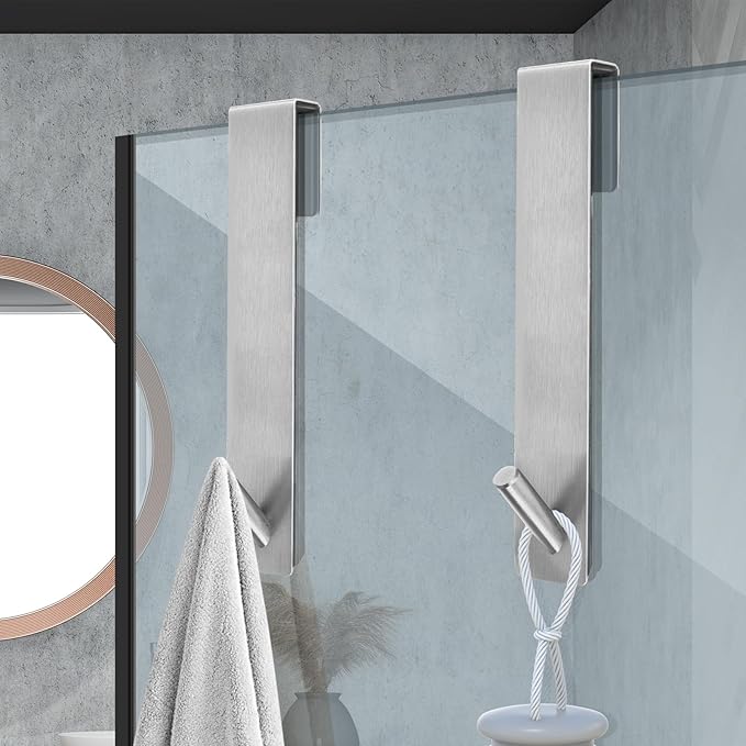 Shower Door Hooks(10 Inch),Extended Over Door Hooks for Bathroom Frameless Glass Shower Door,Stainless Steel Towel Hooks,Heavy Duty Rack Hooks for Robe,Towel-3 Pack-Silver