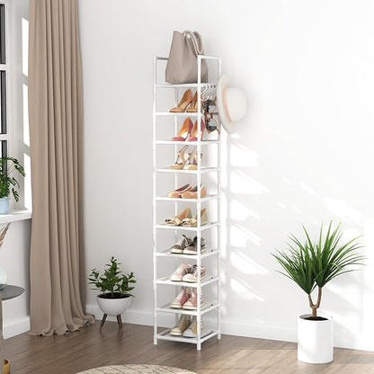 Tall Narrow Shoe Rack 10-Tier Skinny Shoe Shelf Storage for 10-15 Pairs Shoes and Boots, Space Saving Corner Shoe Rack Organizer for Closet, Entryway, Garage, Living Room,White