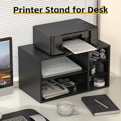 MARTY Printer Stand with Storage for Desk Large Desktop Printer Stand Desk Organizer with Paper Storage Holder File Organizer Wooden Printer Shelf Riser for Home/Office, Black