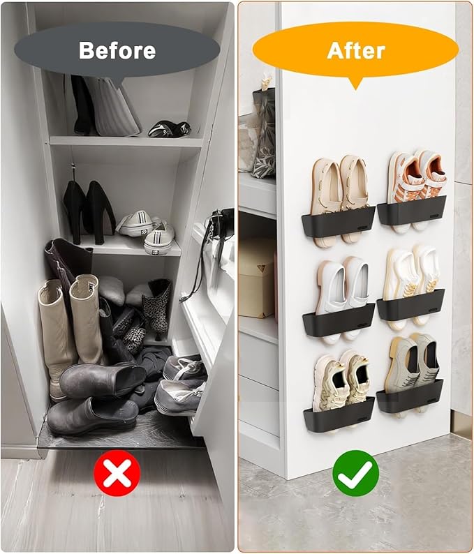 4PCS Wall Mounted Shoe Rack with Sticky Hanging Strips, No Drilling Wall Shoe Rack, Space Saving Shoe Stand, Hanging Shoe Organizer for Wall/RV/Door/Camper - Black