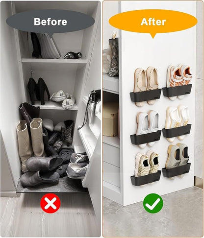 4PCS Wall Mounted Shoe Rack with Sticky Hanging Strips, No Drilling Wall Shoe Rack, Space Saving Shoe Stand, Hanging Shoe Organizer for Wall/RV/Door/Camper - Black
